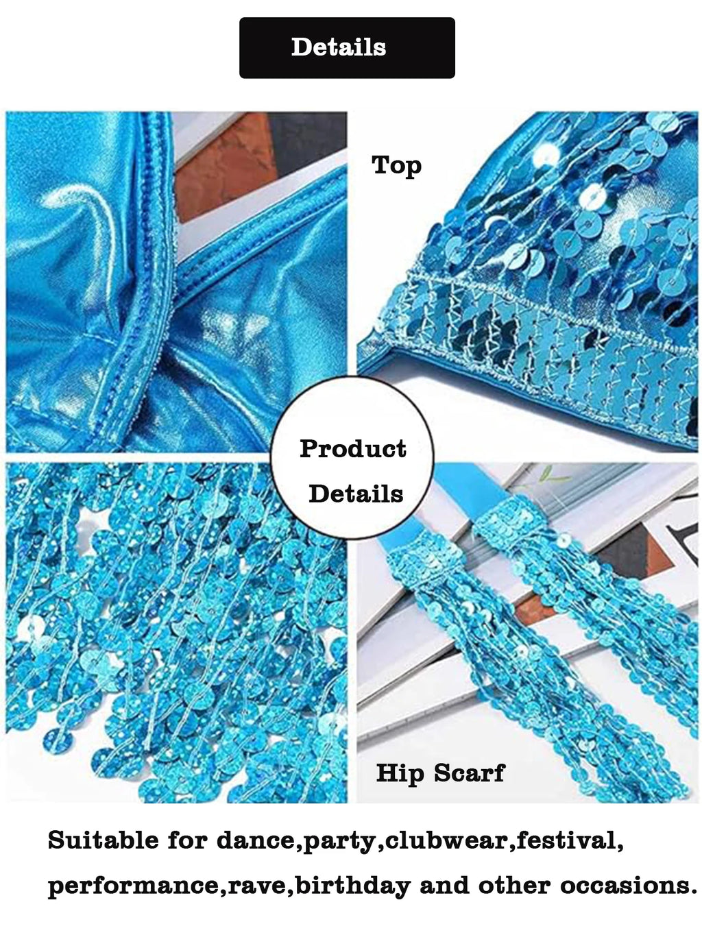 Blue sequin festival costume set with sparkling crop top and hip scarf, ideal for dances or parties.