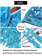 Blue sequin festival costume set with sparkling crop top and hip scarf, ideal for dances or parties.