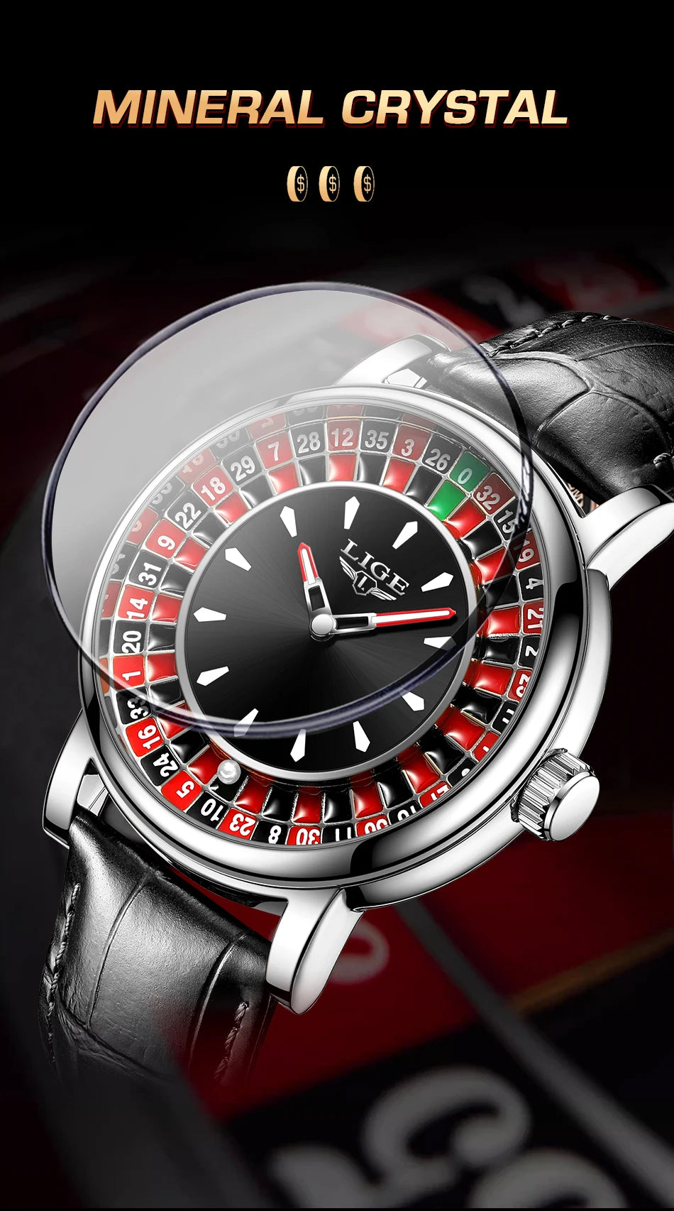 LIGE Roulette Quartz Watch – Luxury Leather Wristwatch for Men Gifts