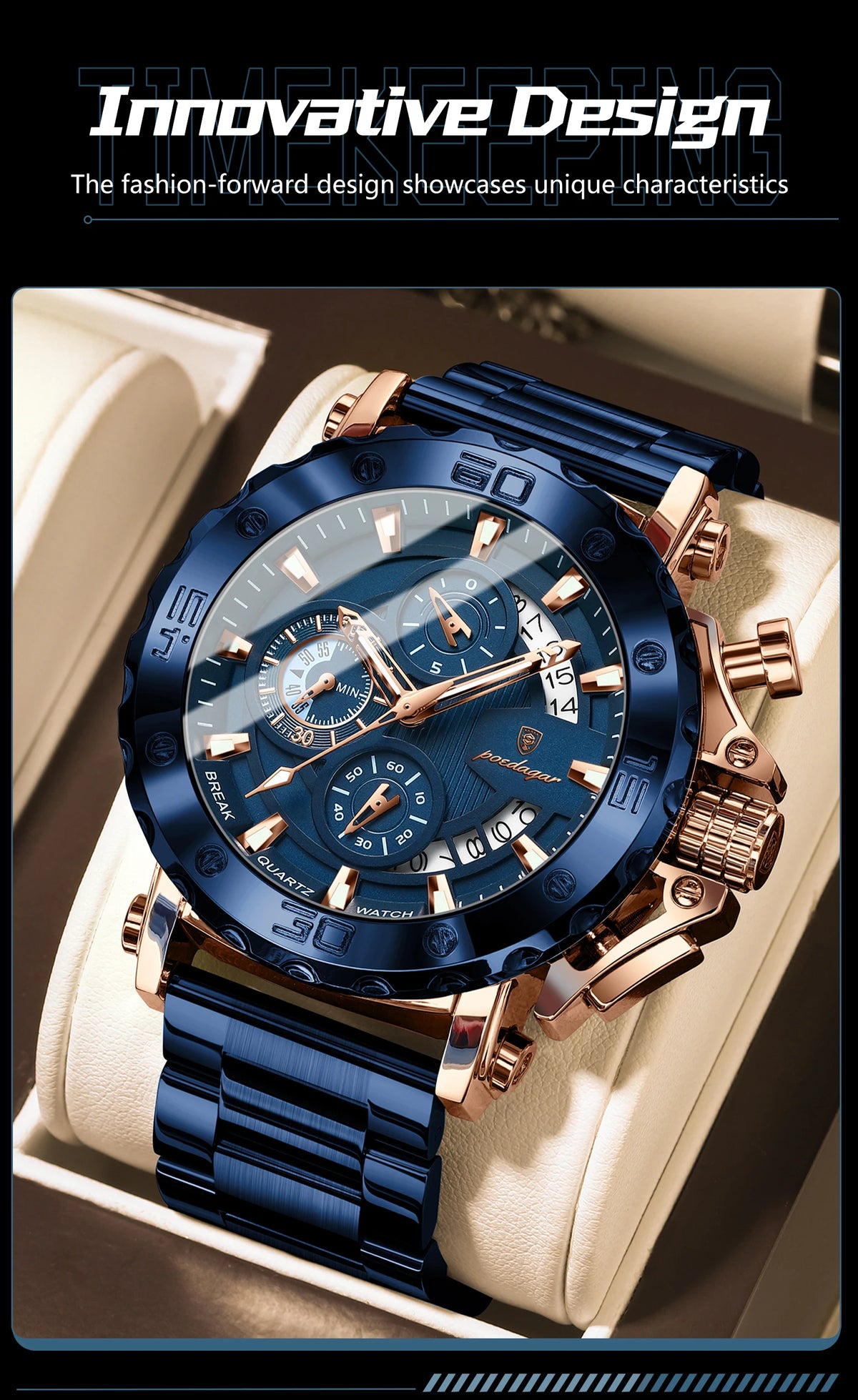 Stainless Steel Chronograph Watch – Luminous Waterproof Quartz for Men