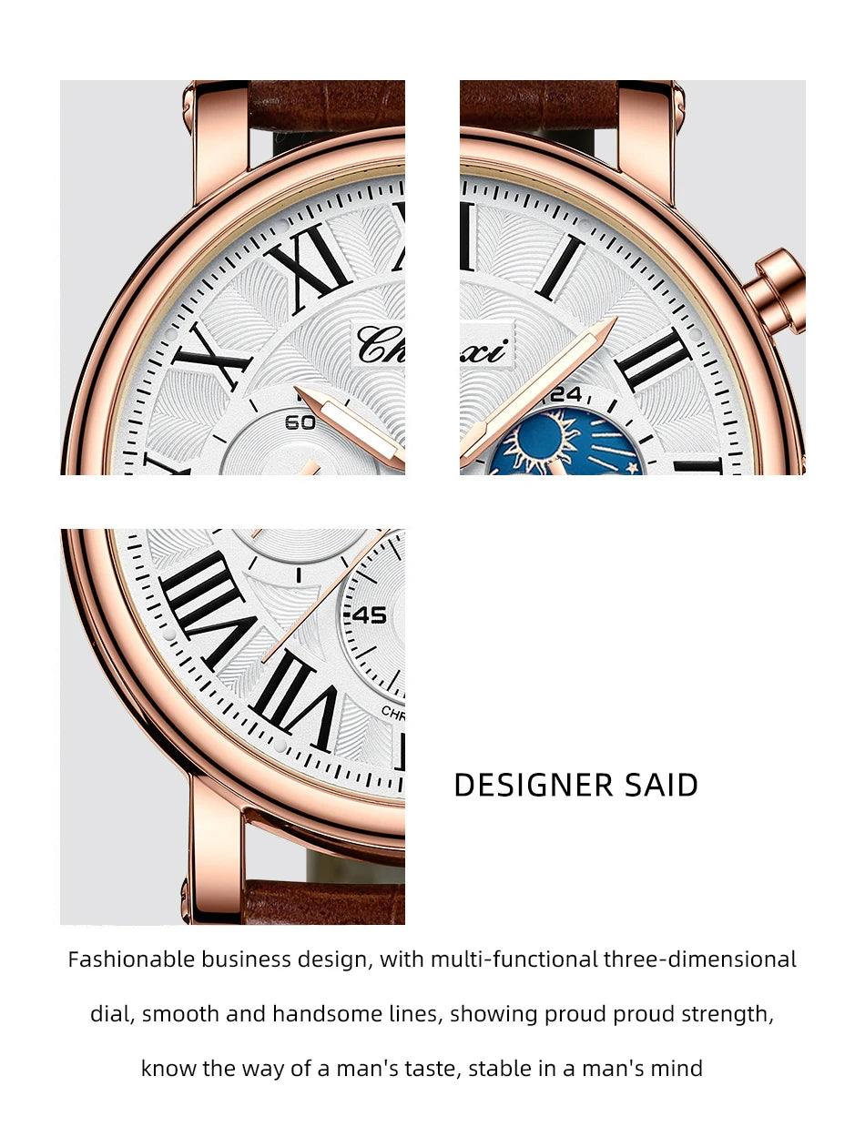 Leather Quartz Chronograph Watch – Men's Moon Phase Business Wristwatch
