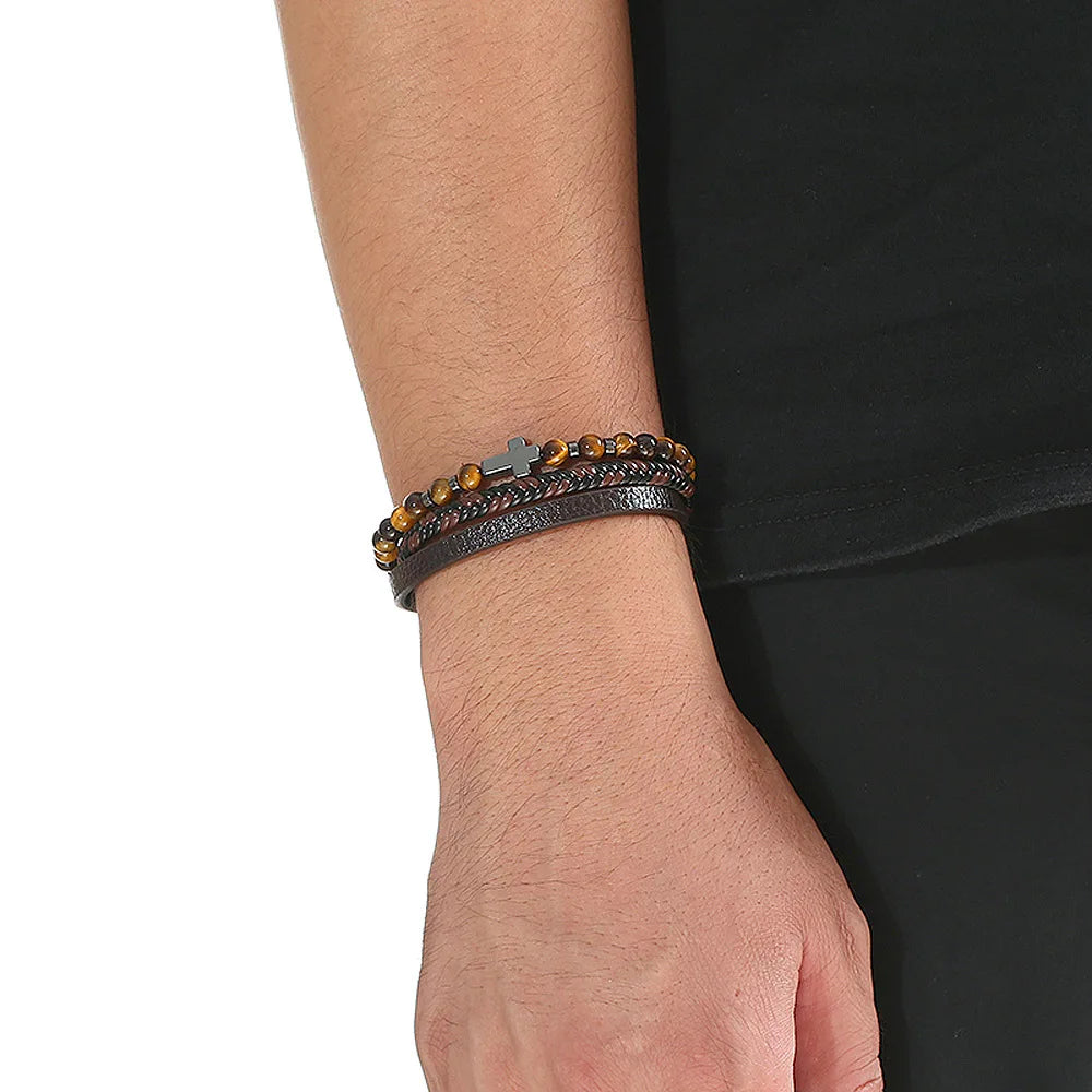 Tiger Eye Leather Bracelet – Multi-Layer Beaded Jewelry for Men