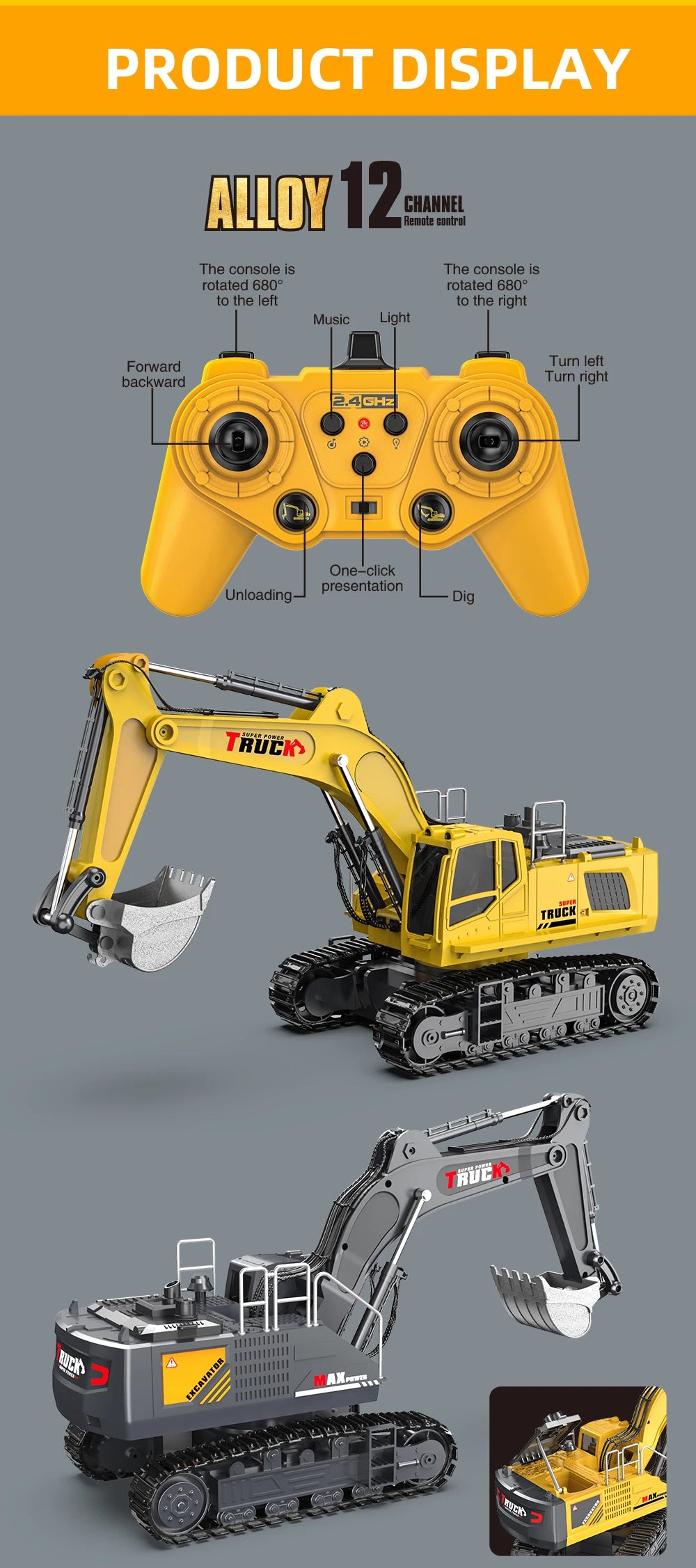 Alloy RC Excavator Toy – 2.4G Remote Control Engineering Truck for Kids