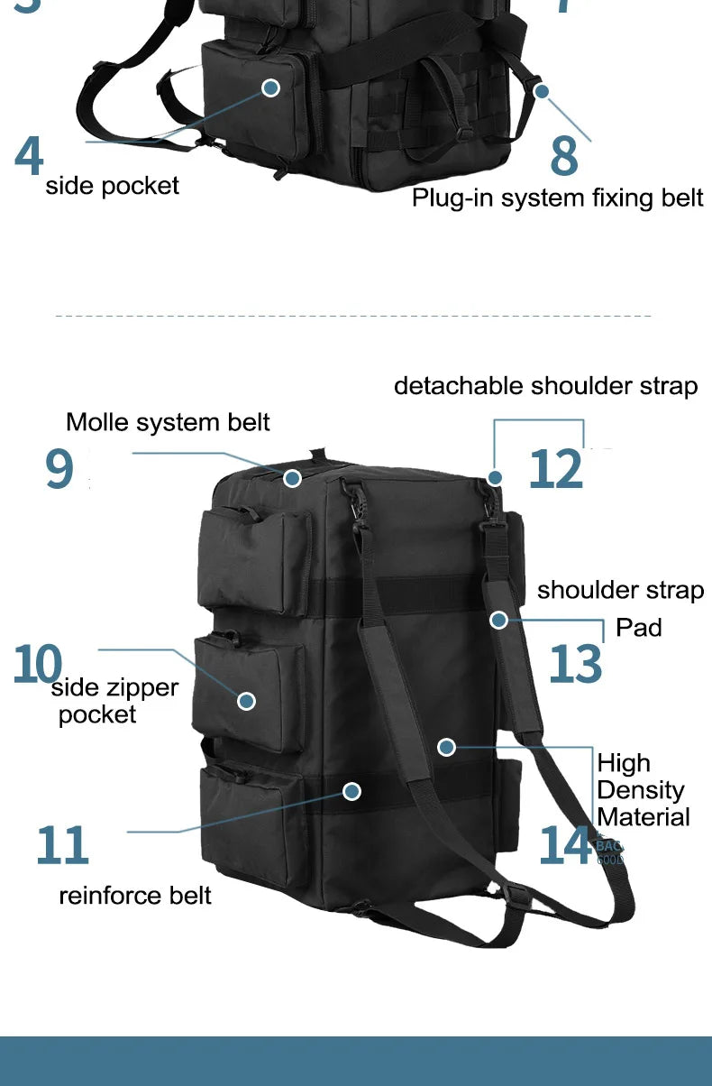 55L Tactical Duffel Backpack – Large Men's Bag for Hiking Travel and Gym