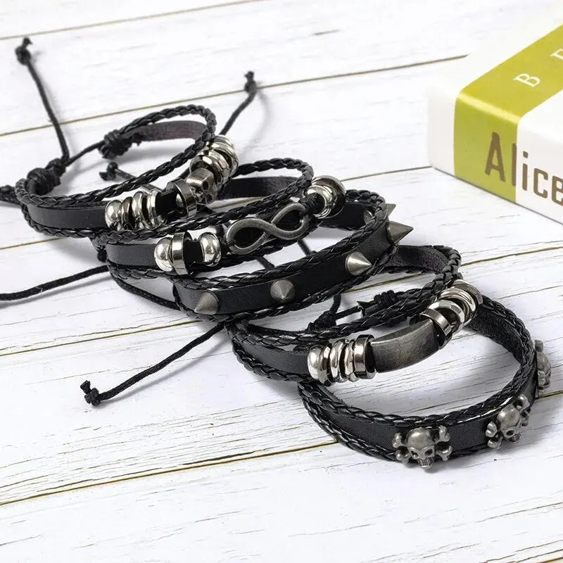 Braided Punk Leather Bracelet Set – Metal Bead Wristbands for Gothic Jewelry