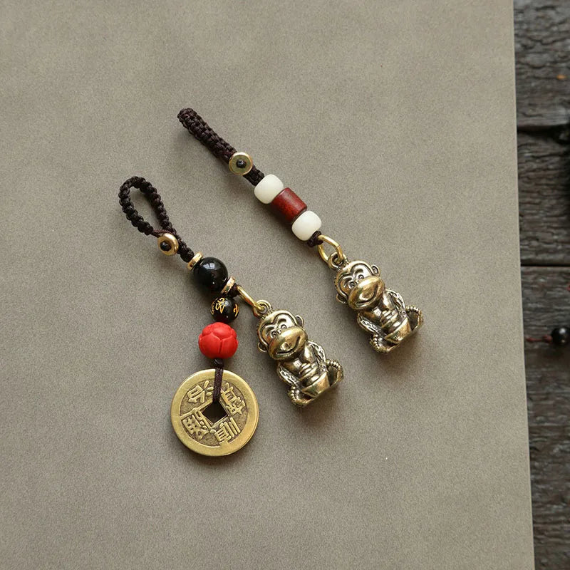Brass Monkey Key Ring – Feng Shui Lucky Coin Charm for Car Keychain Decor