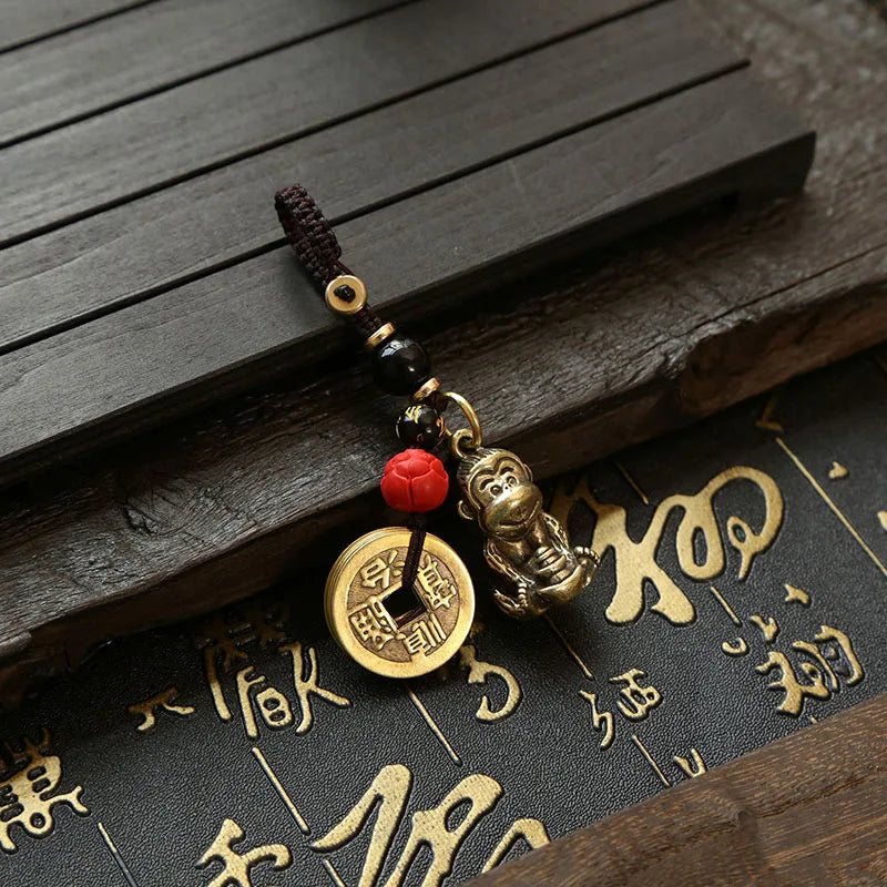 Brass Monkey Key Ring – Feng Shui Lucky Coin Charm for Car Keychain Decor