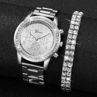 Stainless Steel Quartz Watch – Silver Diamond Bracelet for Women