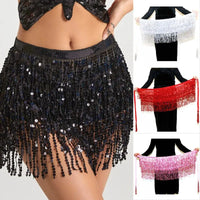 Sequin fringe hip scarves in black, white, red, and pink for dance or costumes