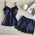 Lace V-Neck Pajama Set – Sexy Satin Sleepwear for Women