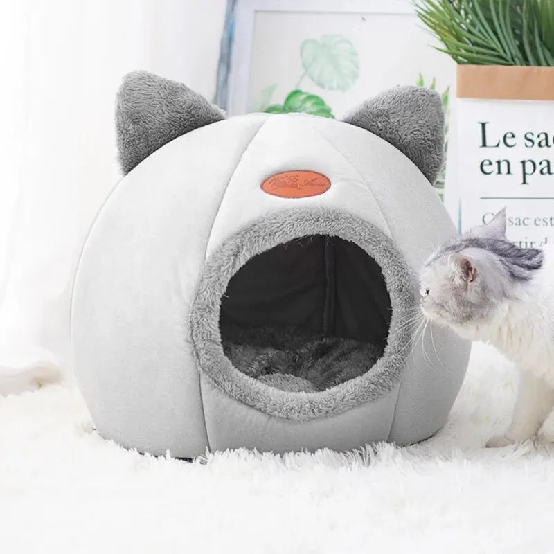 Plush Cat Shape Bed – Semi-Closed Warm Cave for Pet Sleeping
