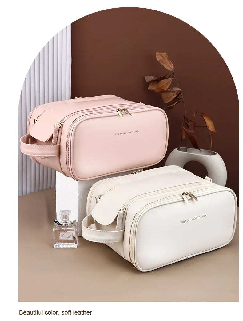 Large PU Leather Makeup Bag – Double Zipper Organizer for Travel Toiletries