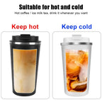 Insulated travel cups showing hot coffee and iced milk tea for temperature retention