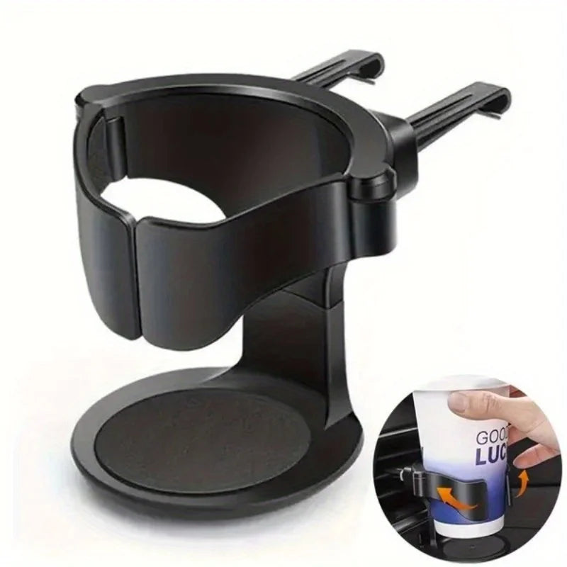 Black adjustable car cup holder for vehicle air vent, shown with drink cup demonstration.