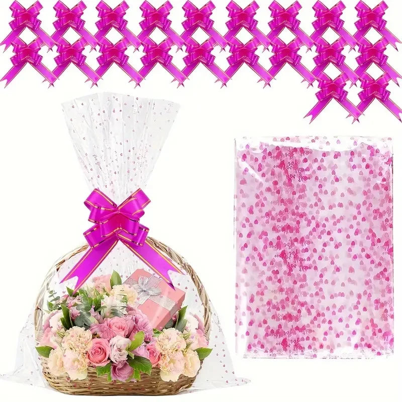 Heart Print Cellophane Gift Bags – Decorative Ribbon Pouches for Wedding Favors