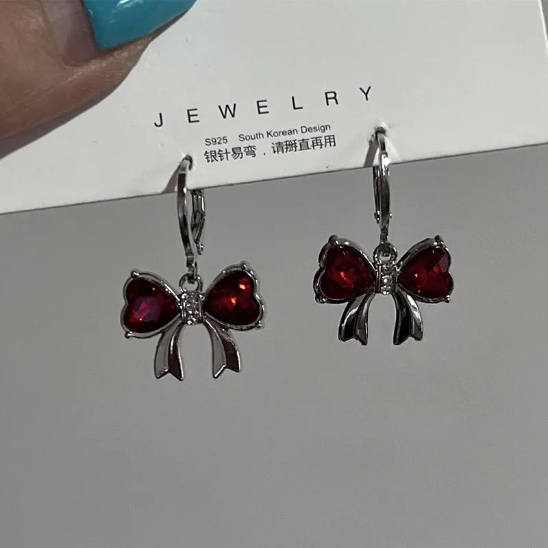Wine Red Bow Dangle Earrings – Enamel Crystal Drop Jewelry for Women