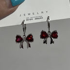 Wine Red Bow Dangle Earrings – Enamel Crystal Drop Jewelry for Women