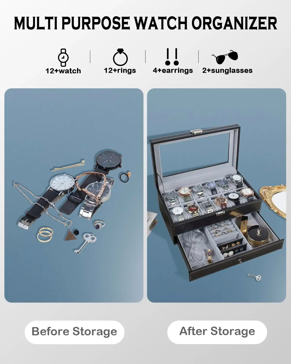 12 Slot Leather Watch Box – Lockable 2-Tier Jewelry Organizer for Display