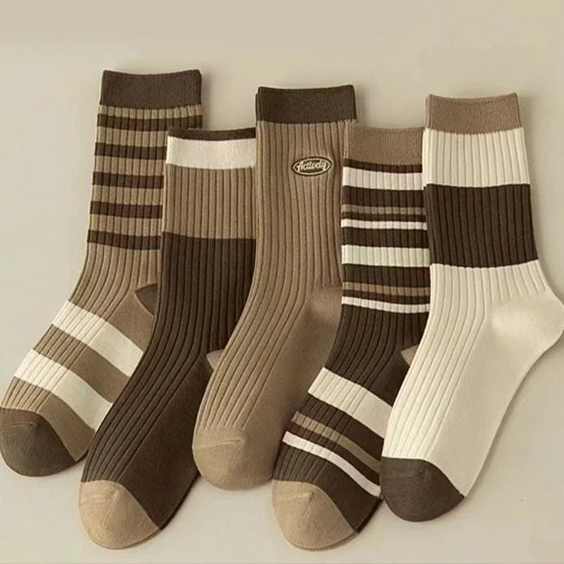 Maillard Color Crew Socks – Vintage Autumn Winter Athletic Hosiery for Women