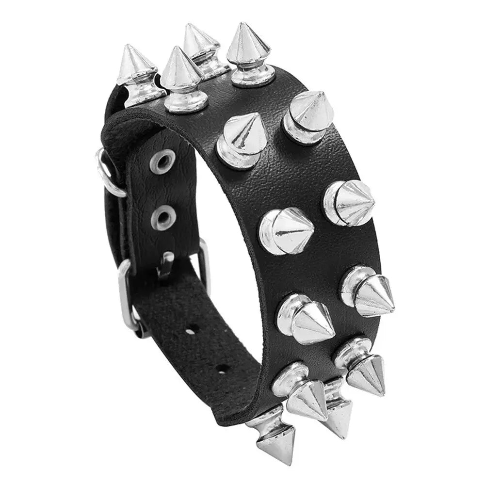 Studded Faux Leather Cuff Bracelet – Adjustable Spike Rivet Punk Cosplay