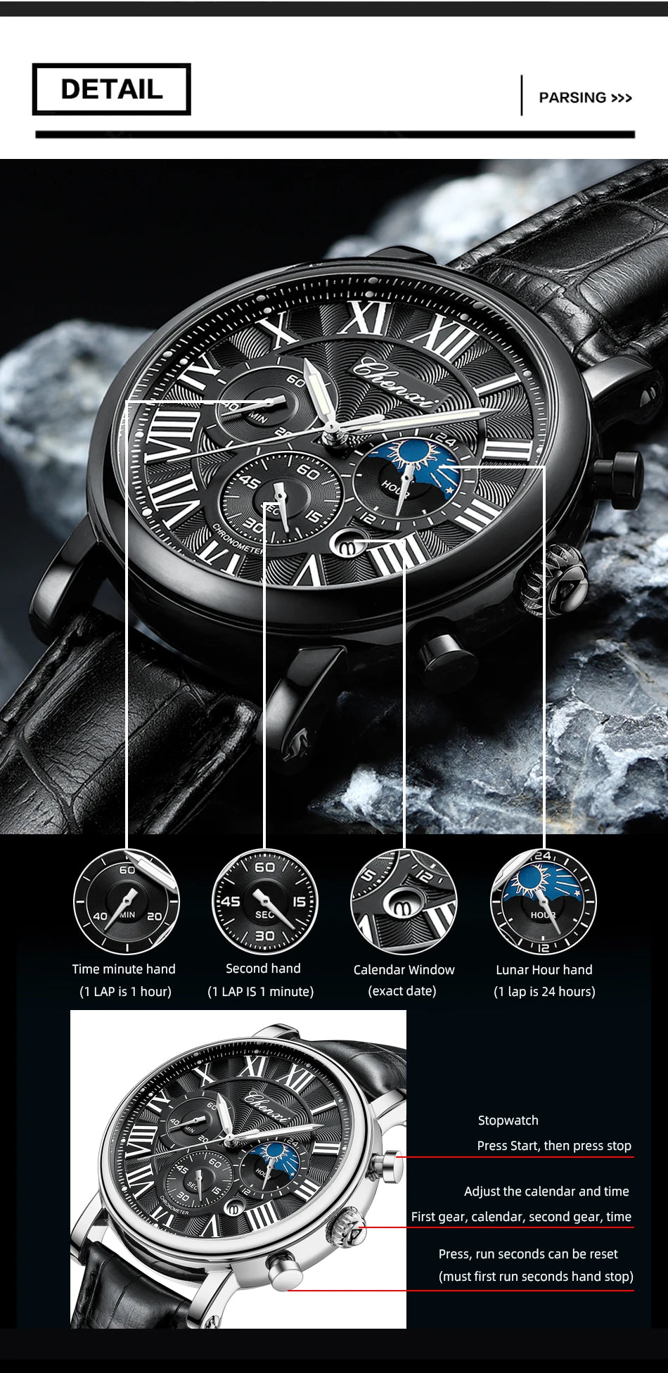 Leather Quartz Chronograph Watch – Men's Moon Phase Business Wristwatch