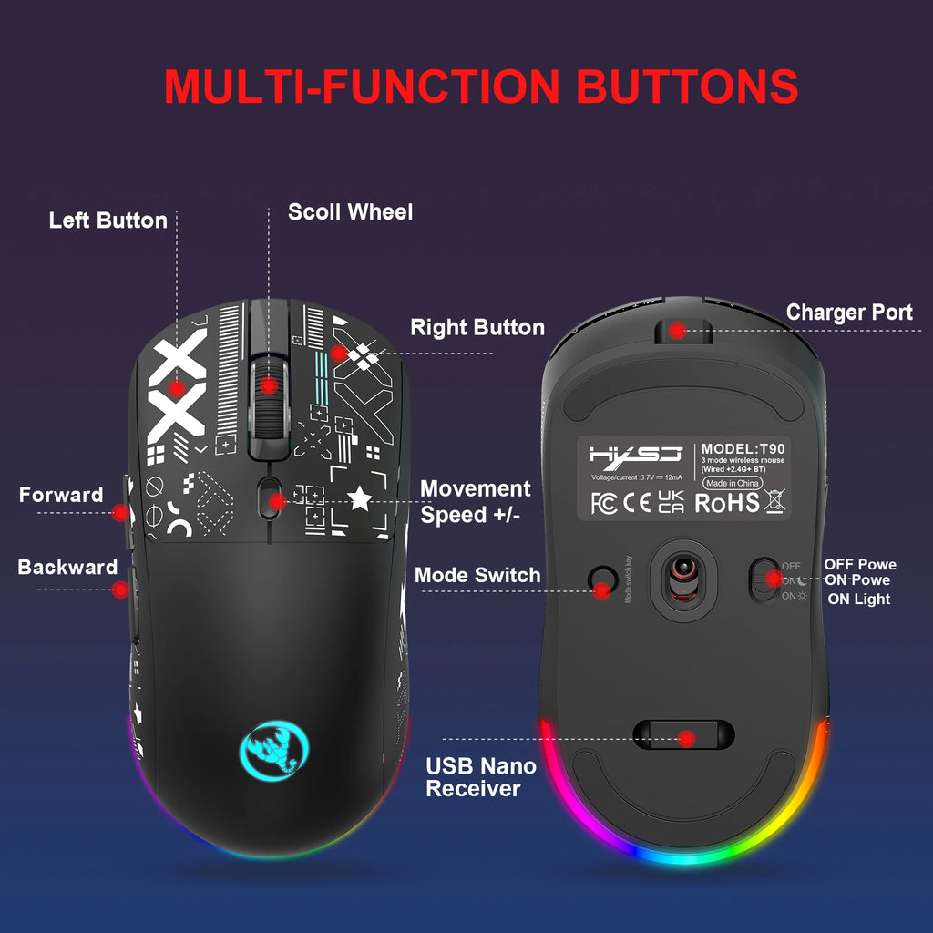 Wireless Gaming Mouse – Rechargeable RGB Ergonomic Silent Optical Mouse for Laptop