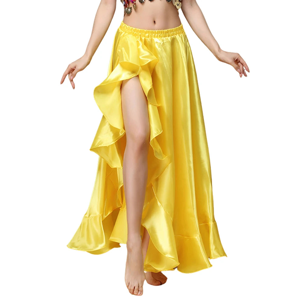 Woman wearing yellow satin ruffle skirt with high slit, dance costume apparel