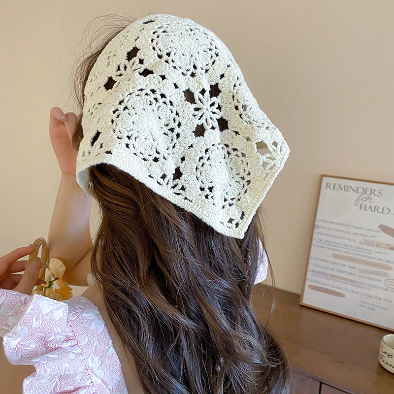 Knitted Lace Flower Hair Scarf – Boho Triangle Headband for Women Hair Styling