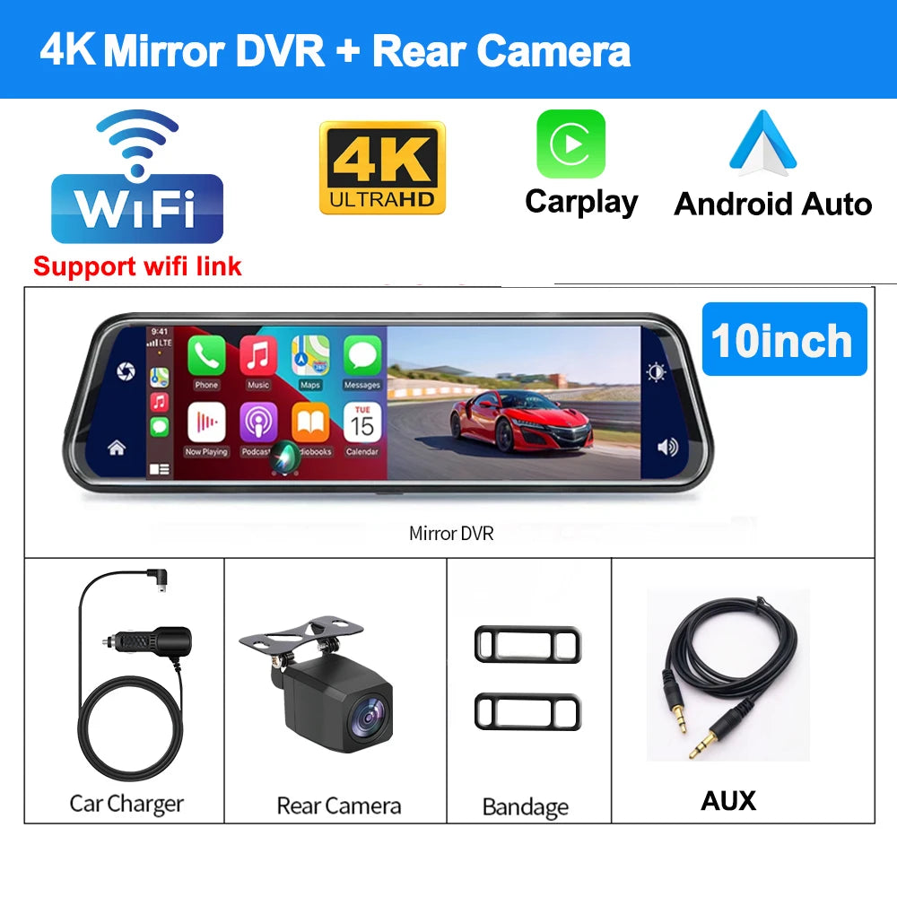 12-Inch 4K Mirror Dash Cam – Wireless CarPlay Android Auto for Car Navigation