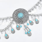 Boho silver statement necklace with turquoise stones and dangling coin charms