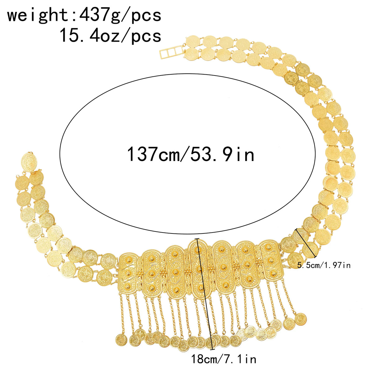 Gold coin belt with decorative medallions, 137cm long, measured and labeled dimensions