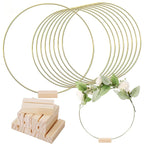 Metal Floral Hoop Centerpiece – Gold Macrame Ring with Wood Stand for Wedding