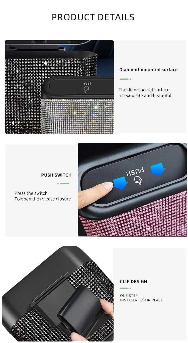 Bling Car Trash Bin – Crystal Seat Back Garbage Storage for Women Interior