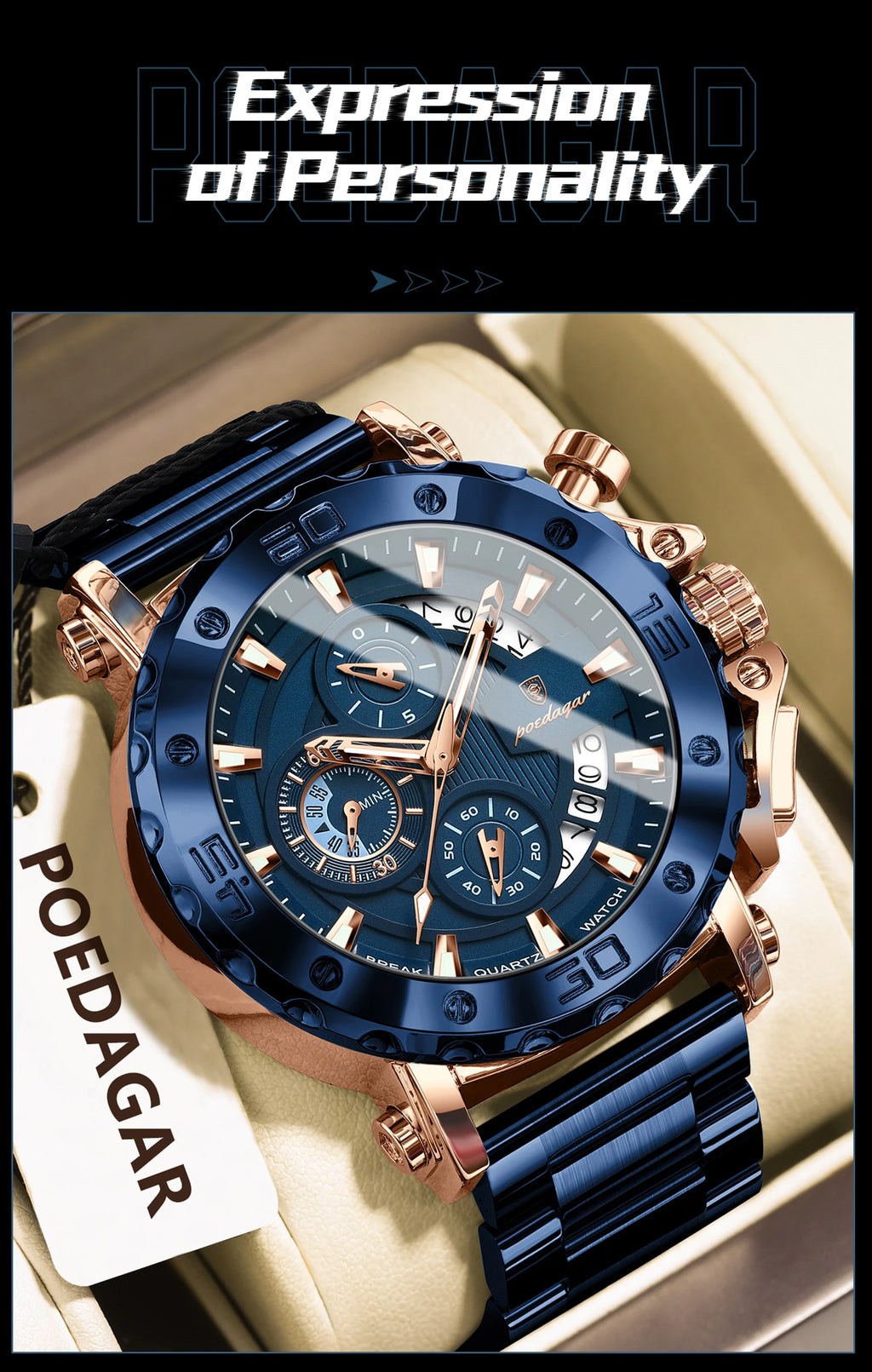 Stainless Steel Chronograph Watch – Luminous Waterproof Quartz for Men