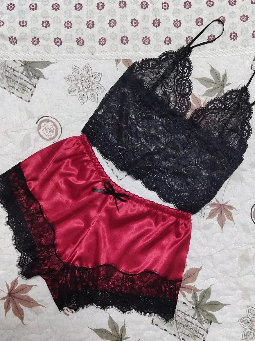 Lace Silk Pajama Set – Sexy Crop Top and Shorts for Women Sleepwear