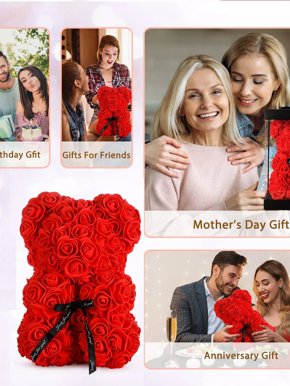 Artificial Rose Teddy Bear – 25cm Flower Figurine for Anniversary Gifts