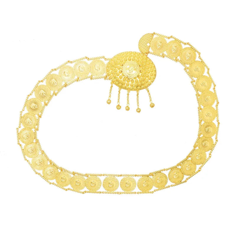 Gold waist belt with ornate circular patterns and central medallion, traditional jewelry accessory