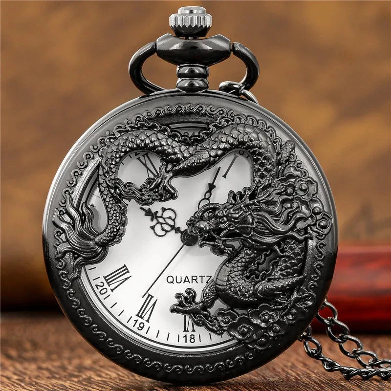 Vintage Hollow Chinese Dragon Pocket Watch – Roman Numeral Necklace Gift