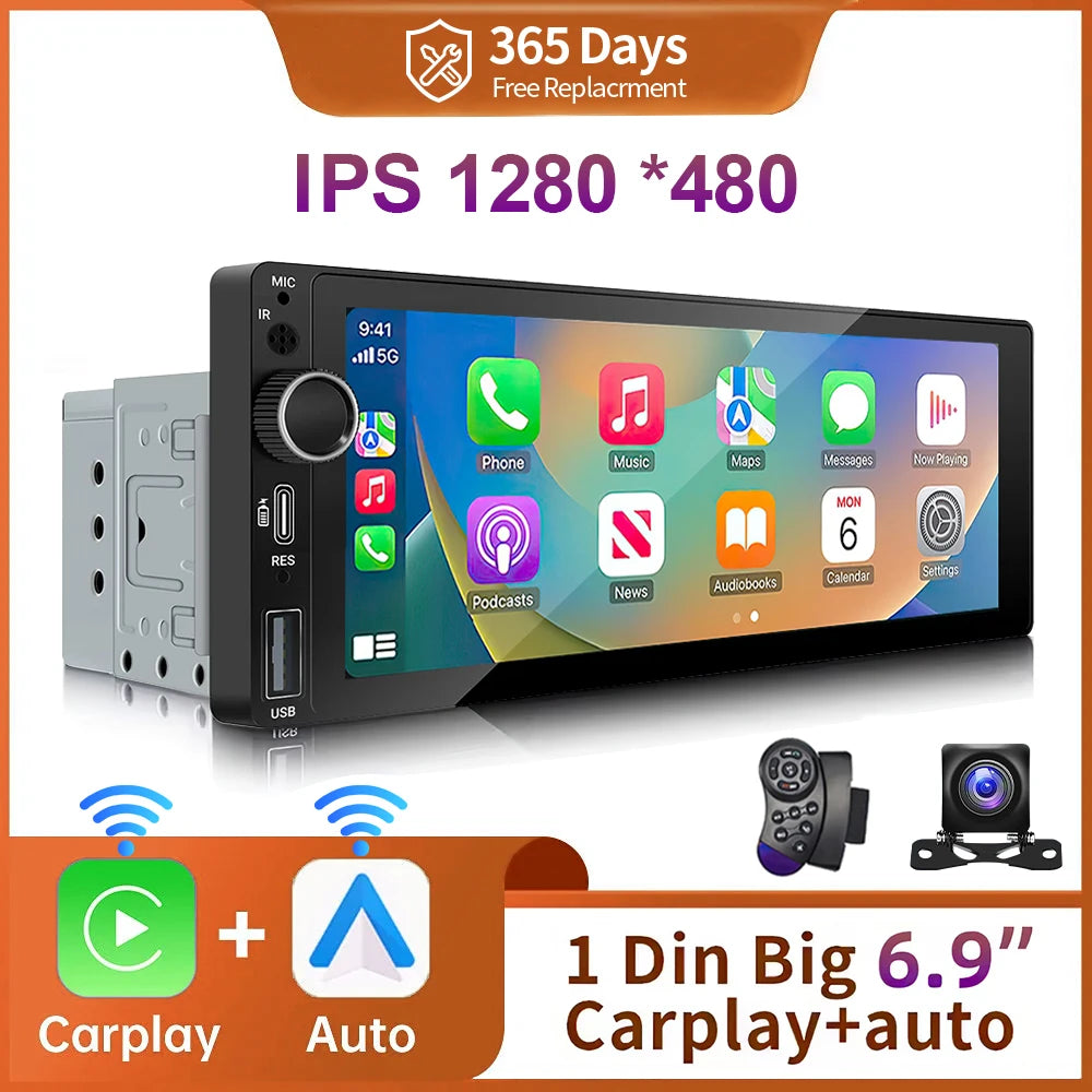 6.9 Inch 1 Din Car Radio – Wireless CarPlay and Android Auto Multimedia