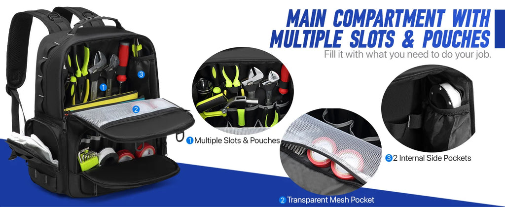 Heavy Duty Tool Backpack – Portable Organizer for Electricians and Plumbers