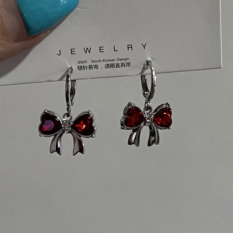 Wine Red Bow Dangle Earrings – Enamel Crystal Drop Jewelry for Women