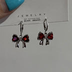 Wine Red Bow Dangle Earrings – Enamel Crystal Drop Jewelry for Women