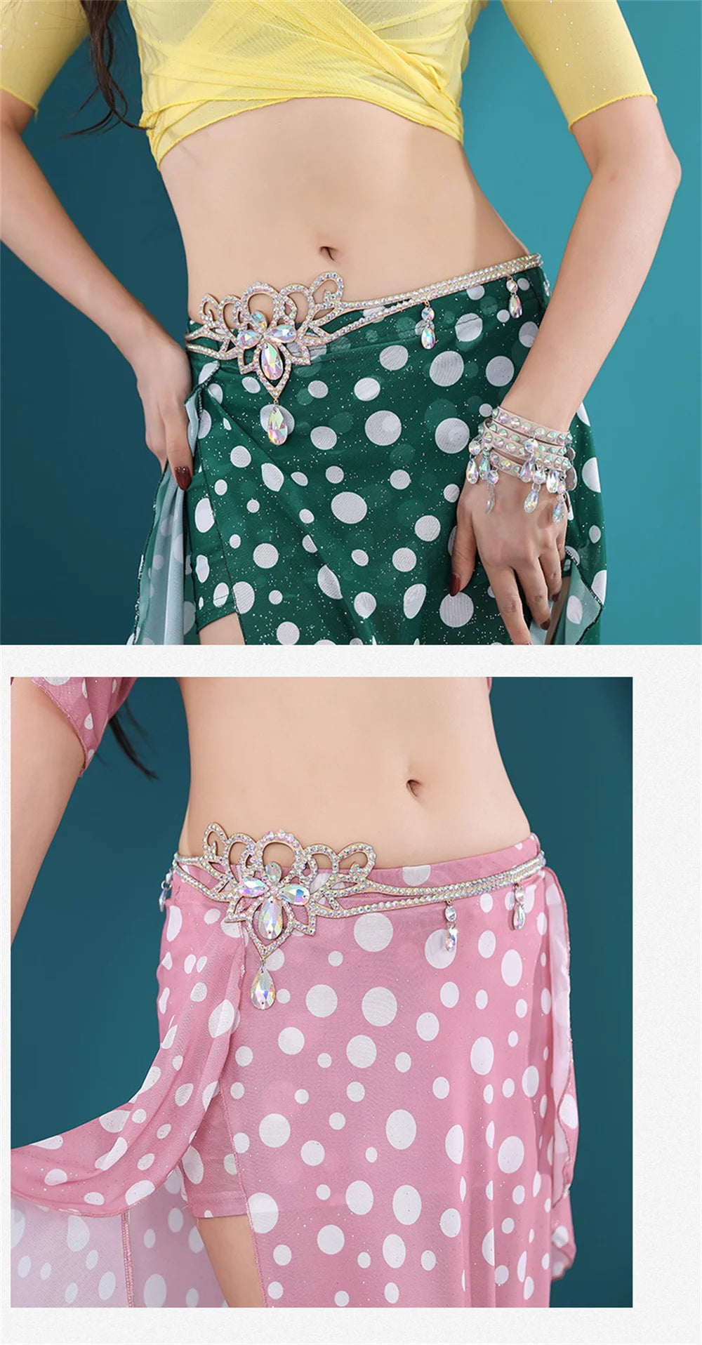Woman wearing jeweled belly dance belt with polka dot skirt in green and pink color options