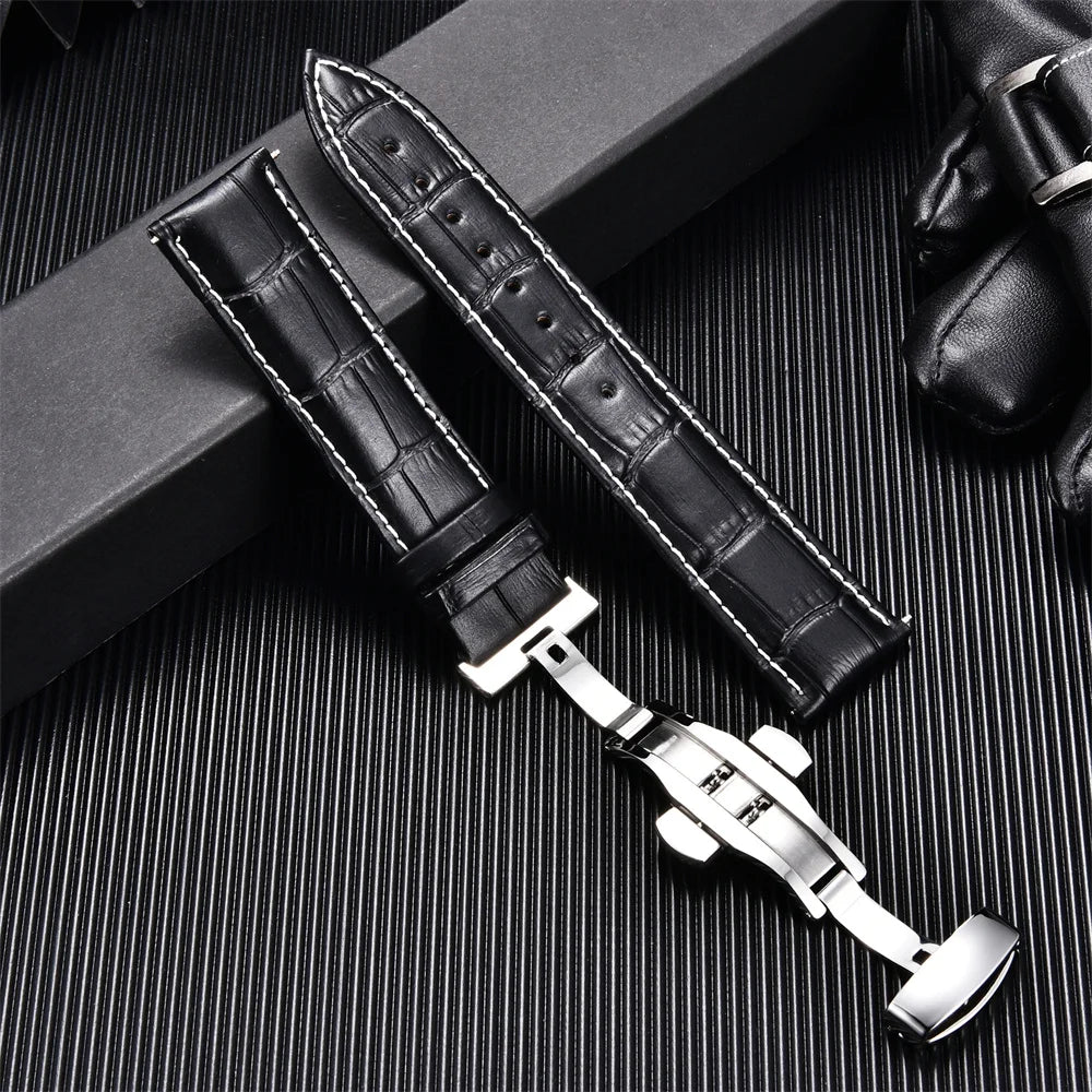 Genuine Calfskin Leather Watch Strap – Butterfly Buckle for Business