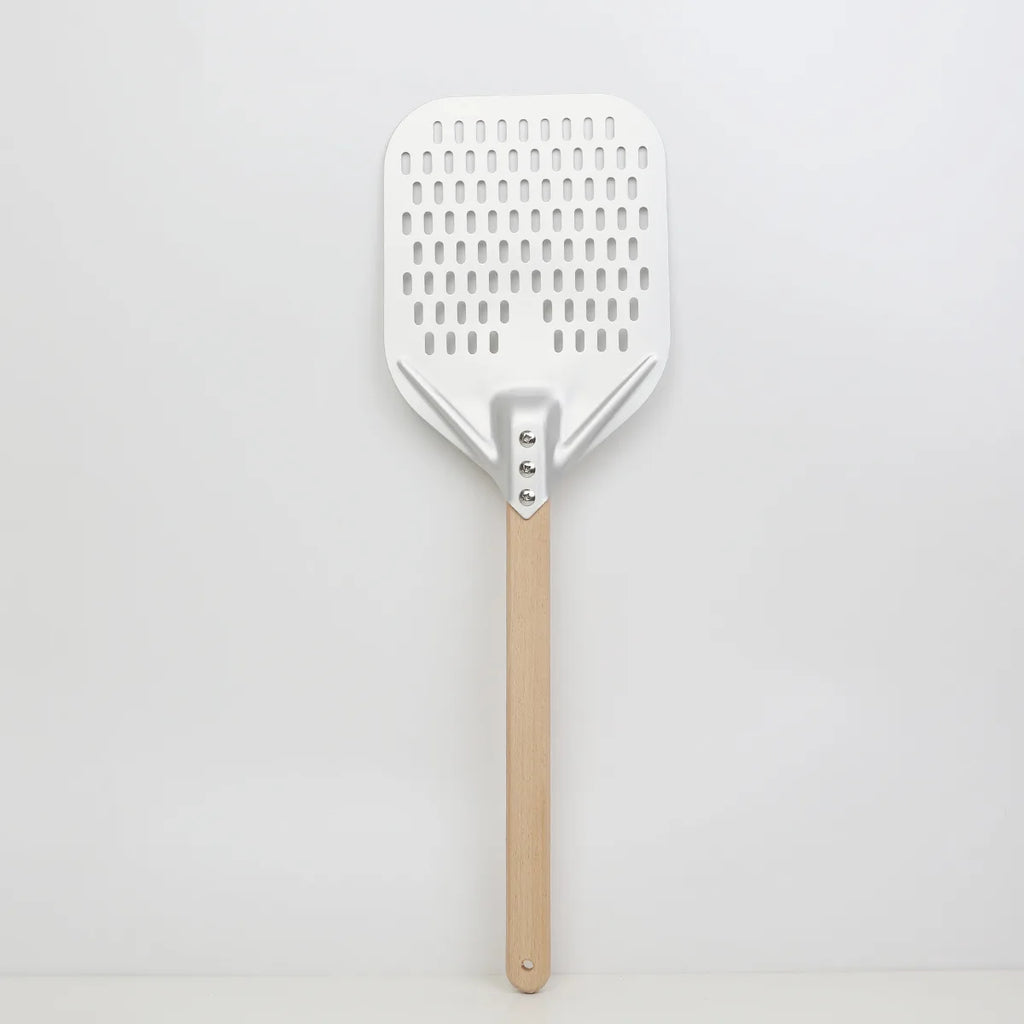 Perforated Aluminum Pizza Peel – Non-Slip Wooden Handle for Home Baking