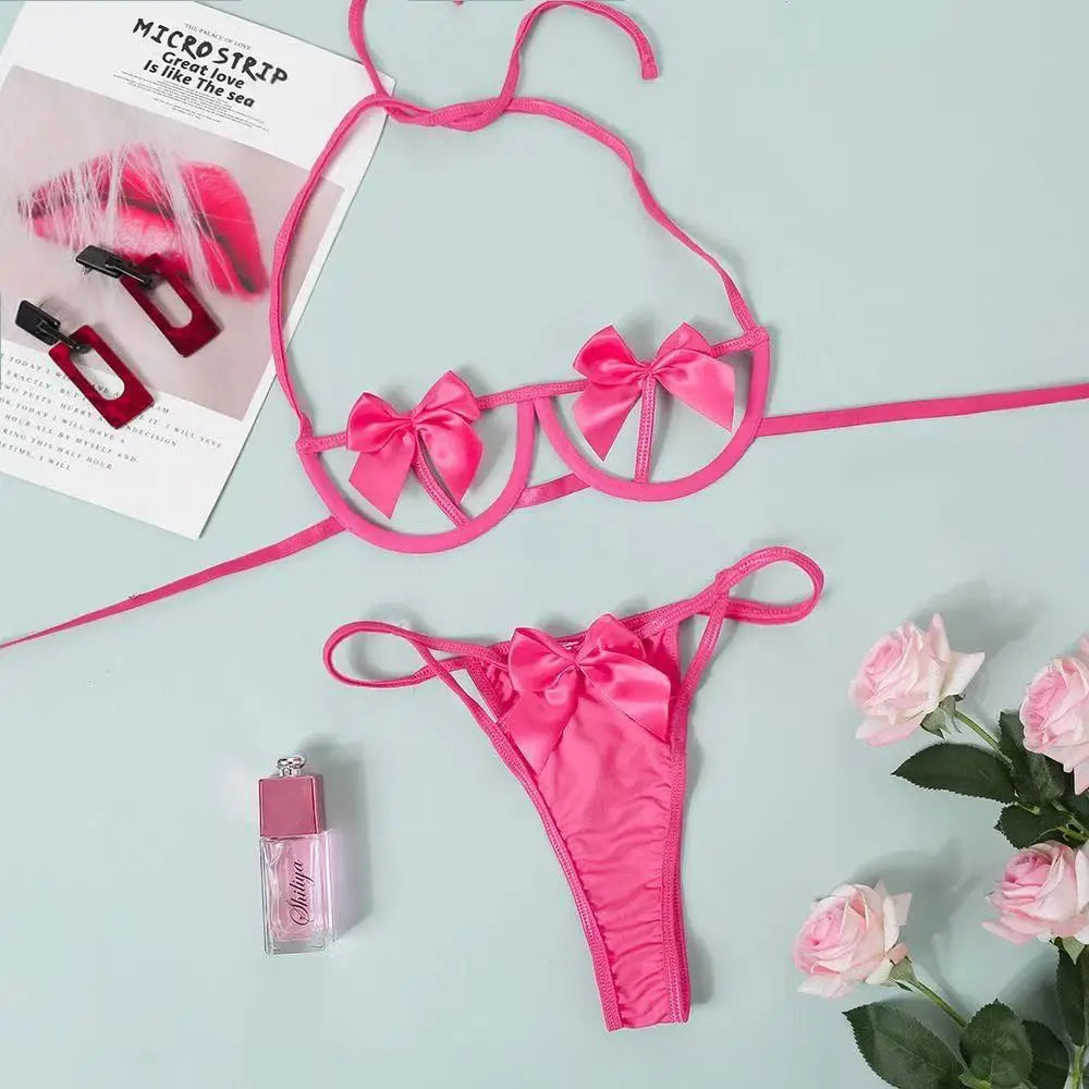 Bow Knot Lingerie Set – Hollow Out Halter Underwear for Sexy Nightwear