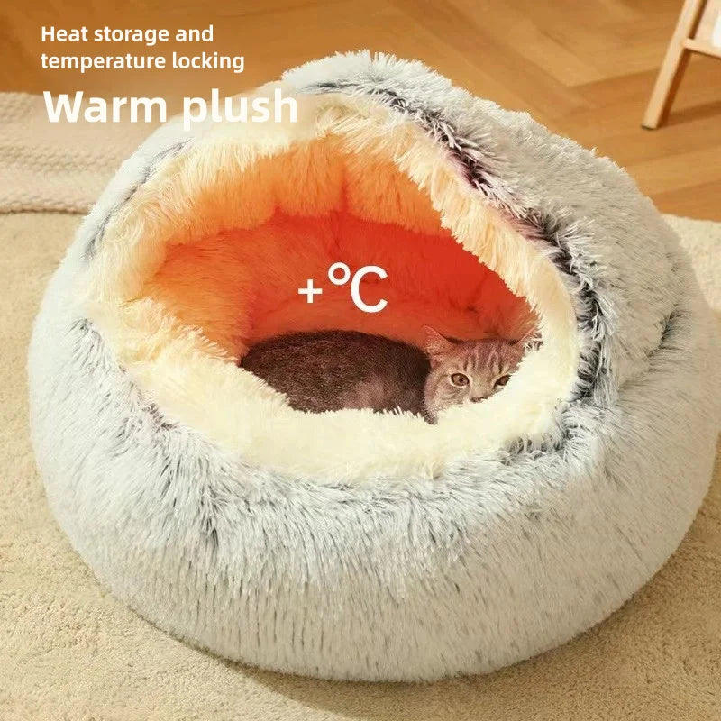 Semi-Enclosed Plush Pet Bed – Warm Winter Shell Nest for Cats and Small Dogs