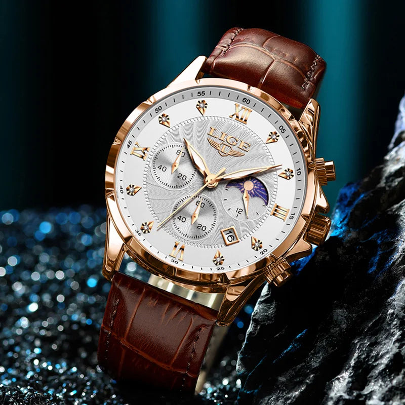 LIGE Leather Chronograph Watch – Luxury Waterproof Men's Business Accessory