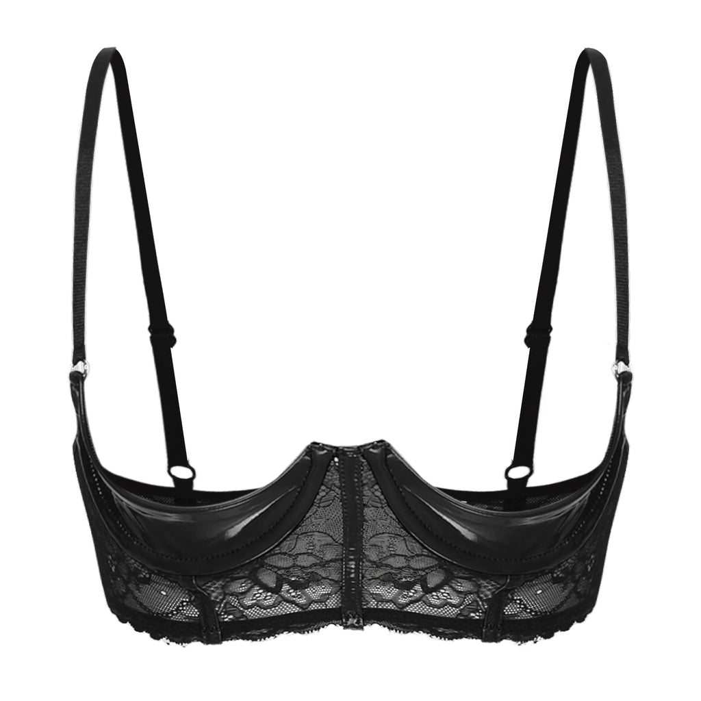 Wetlook Leather Push Up Bralette – Underwire Lace Lingerie for Sexy Cosplay