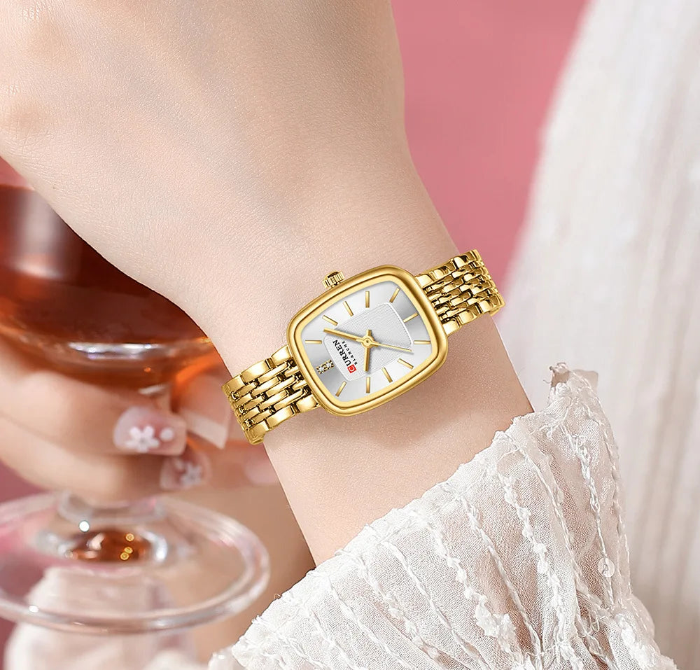 Gold Stainless Steel Quartz Watch – Elegant Square Dial for Business Fashion
